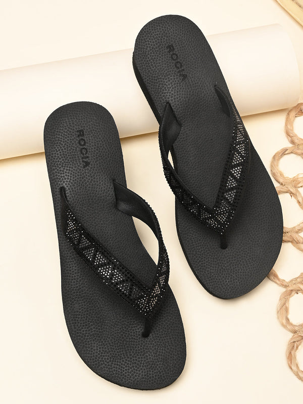 Rocia By Regal Black Women Diamond Studded Thong Wedges