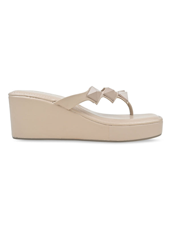 Rocia By Regal Beige Women Square Toe Embellished Wedges