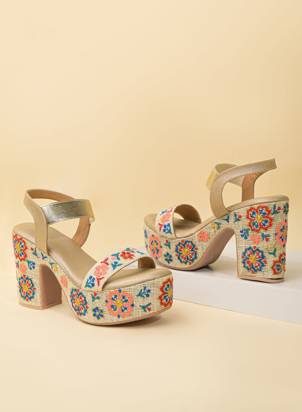 Rocia By Regal Gold Women Embroidered Platforms