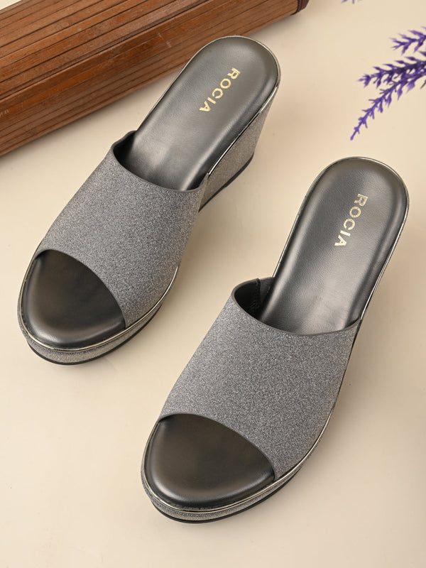 Rocia By Regal Gun Metal Women Slip On Shimmery High Platforms