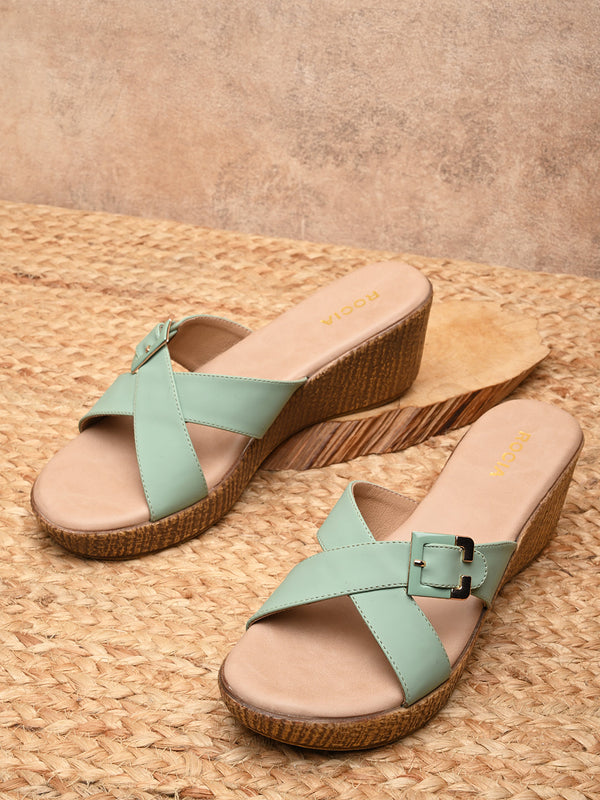 Rocia By Regal Green Women Casual Buckled Platforms