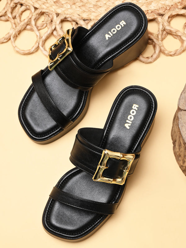 Rocia By Regal Black Women Buckled Platforms