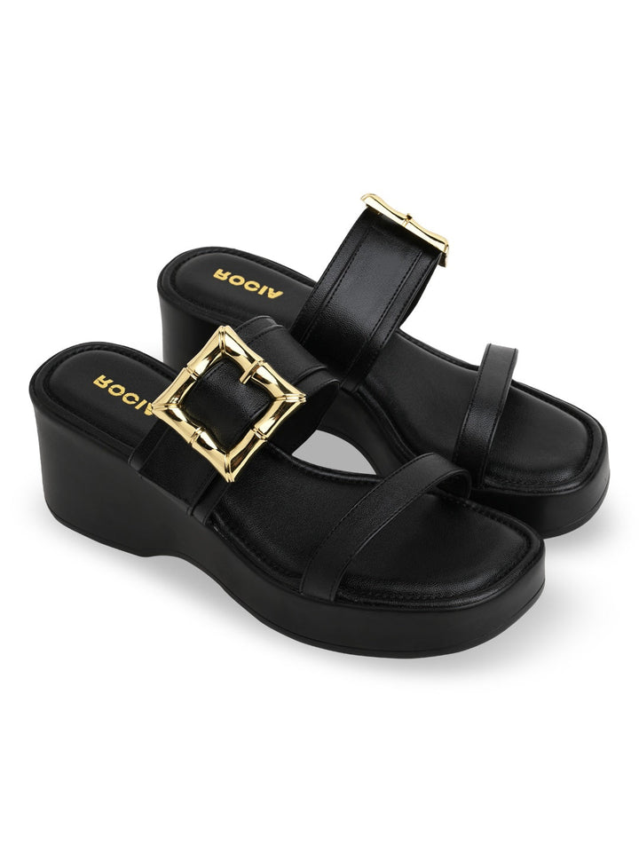 Rocia By Regal Black Women Buckled Platforms