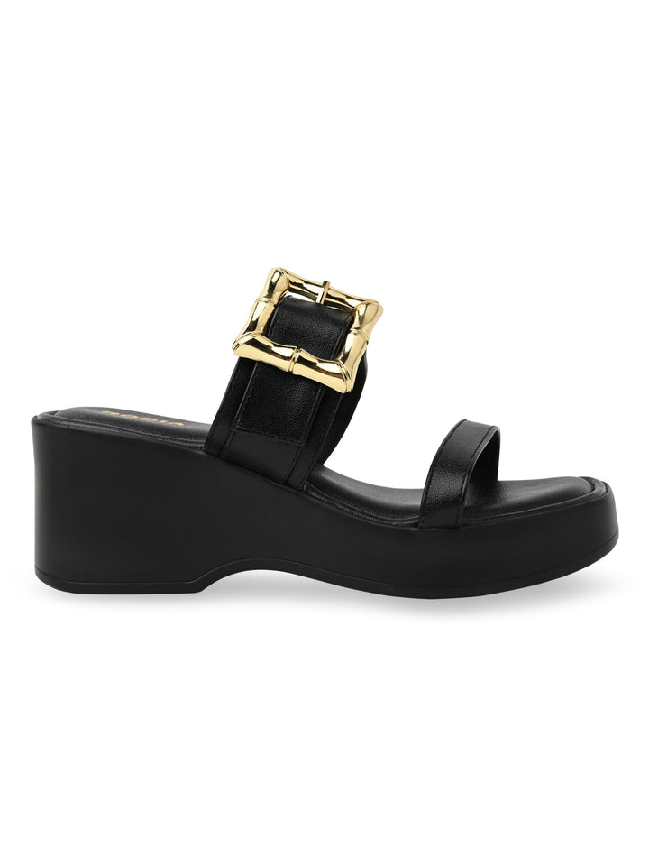 Rocia By Regal Black Women Buckled Platforms