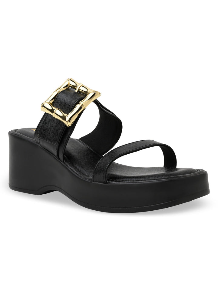 Rocia By Regal Black Women Buckled Platforms
