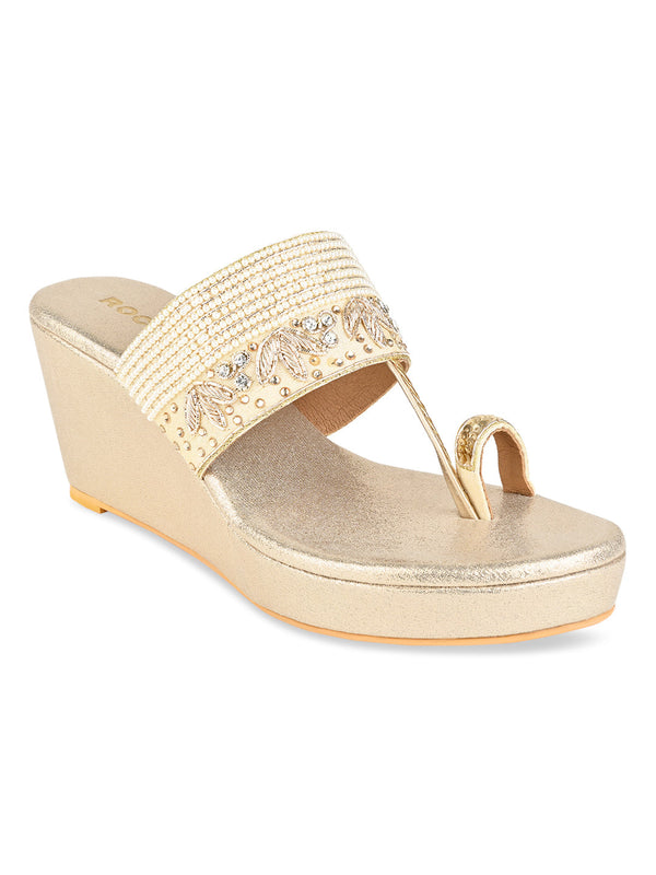 Rocia By Regal Gold Women One Toe Hand Embroidered Wedges