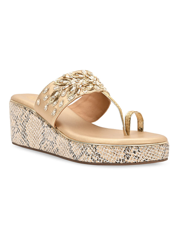 Rocia By Regal Rose Gold Women Hand Embroidered High Wedges