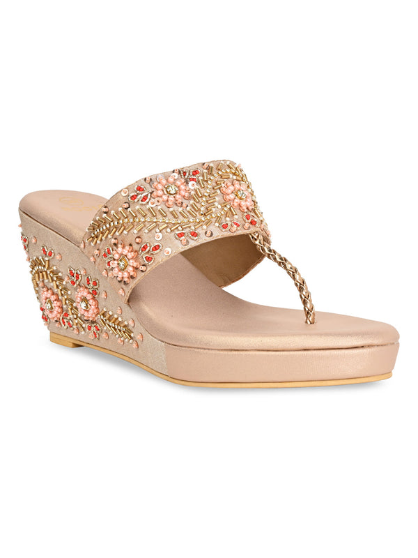Rocia By Regal Rose Gold Women Hand Embroidered High Wedges