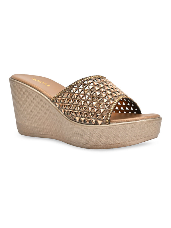 Rocia By Regal Antique Gold Women Diamond Embellished High Platforms