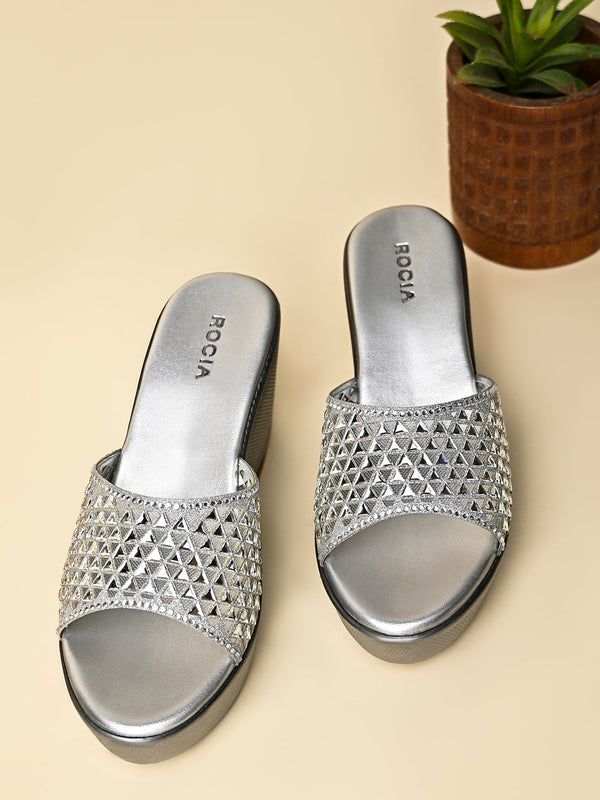 Rocia By Regal Silver Women Diamond Embellished High Platforms