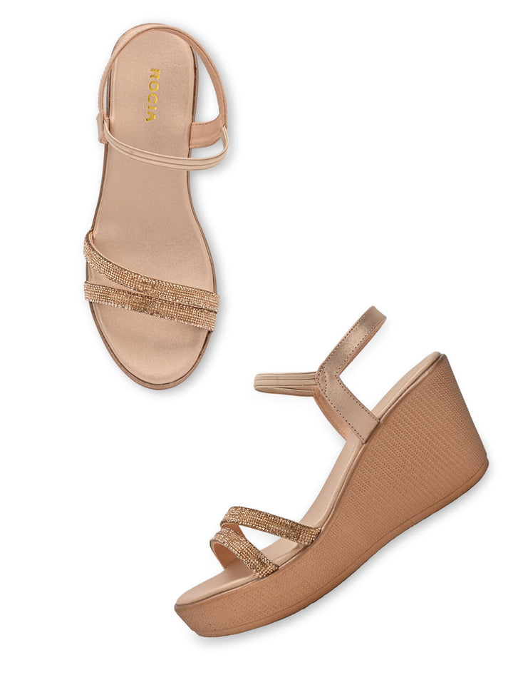 Rocia By Regal Rose Gold Women Diamante Strap High Platforms