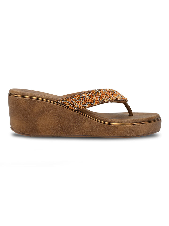 Rocia By Regal Antique Gold Women Embroidered Thong Platforms