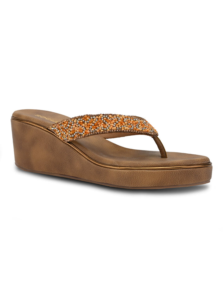 Rocia By Regal Antique Gold Women Embroidered Thong Platforms