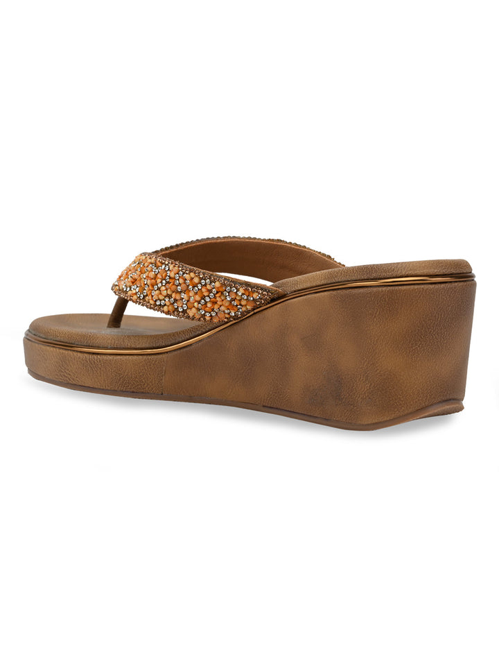 Rocia By Regal Antique Gold Women Embroidered Thong Platforms