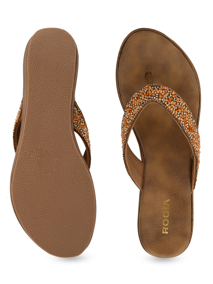 Rocia By Regal Antique Gold Women Embroidered Thong Platforms