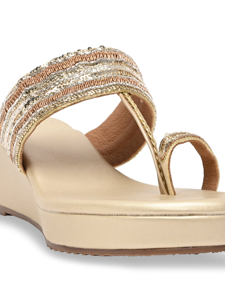 Rocia By Regal Gold Women One Toe Embroidered Platforms