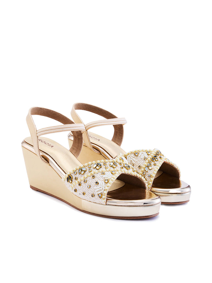 Rocia By Regal Gold Women Kundan Work Platform Sandals