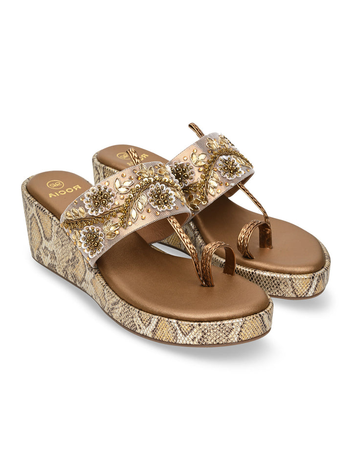 Rocia By Regal Antique Gold Women Heavy Embroidered One Toe Platforms