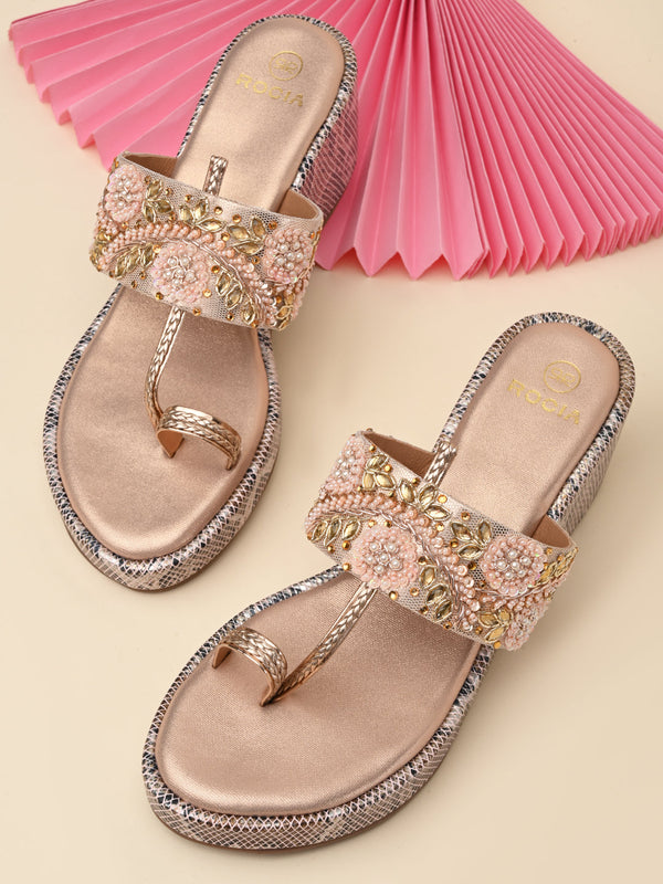 Rocia By Regal Rose Gold Women Heavy Embroidered One Toe Platforms