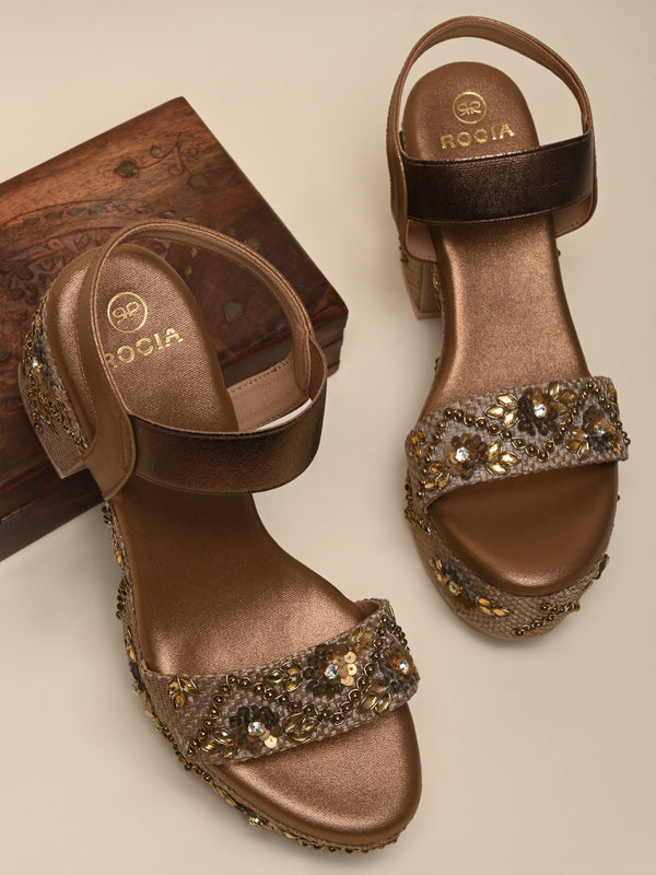 Rocia By Regal Antique Gold Women Embroidered High Heel Platforms