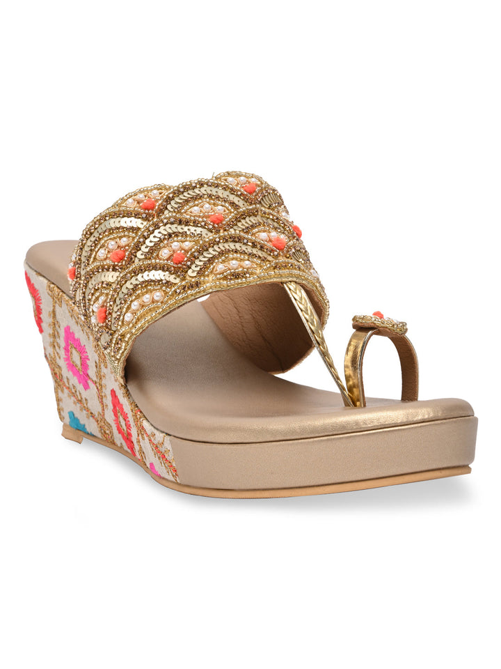 Rocia By Regal Gold Women One Toe Embroidered Platforms