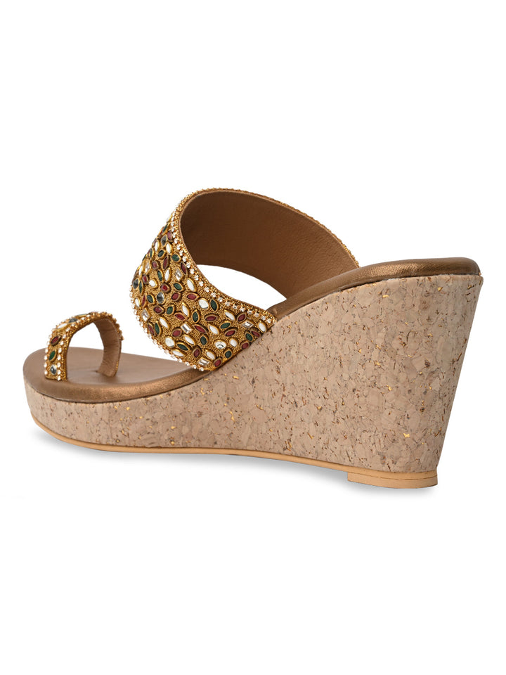 Rocia By Regal Antique Gold Women One Toe Kundan Work Platforms
