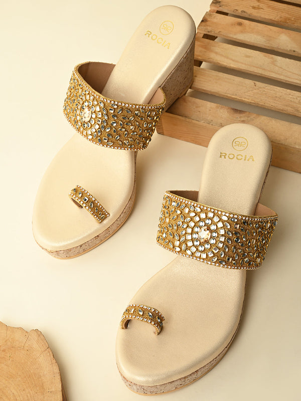 Rocia By Regal Gold Women One Toe Kundan Work Platforms