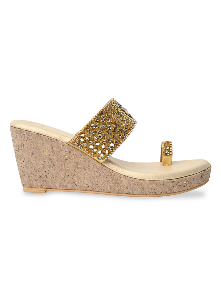Rocia By Regal Gold Women One Toe Kundan Work Platforms