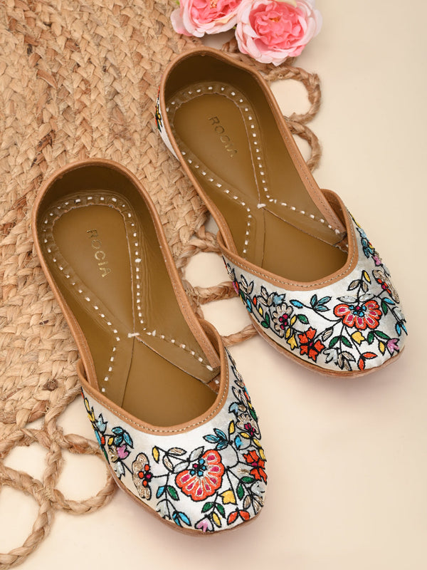 Rocia By Regal White Multi Women Embroidered Jutties