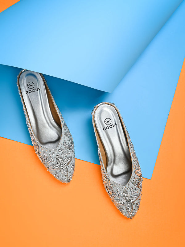 Rocia By Regal Silver Women Embroidered Mojaris With Heels