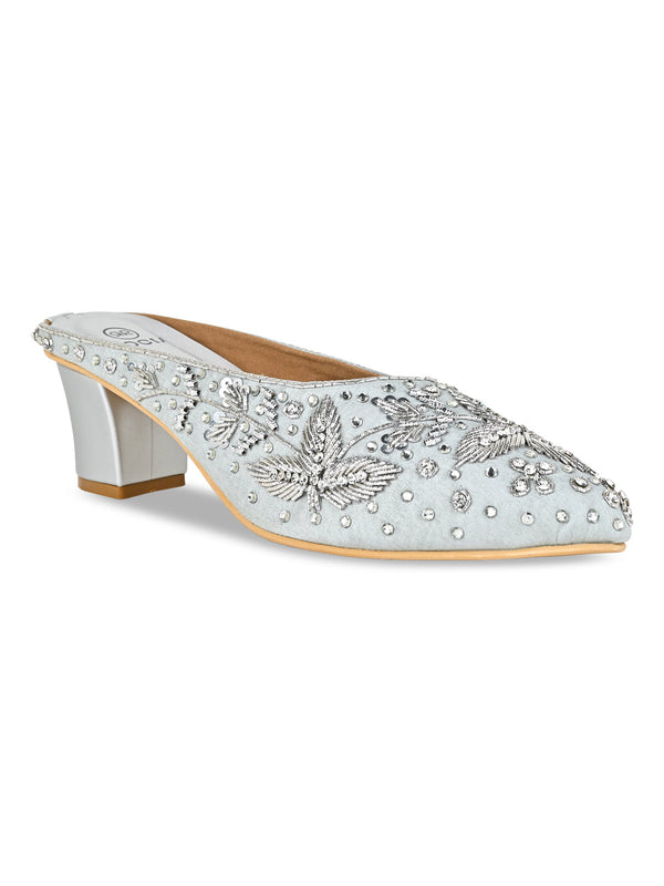 Rocia By Regal Silver Women Embroidered Mojaris With Heels