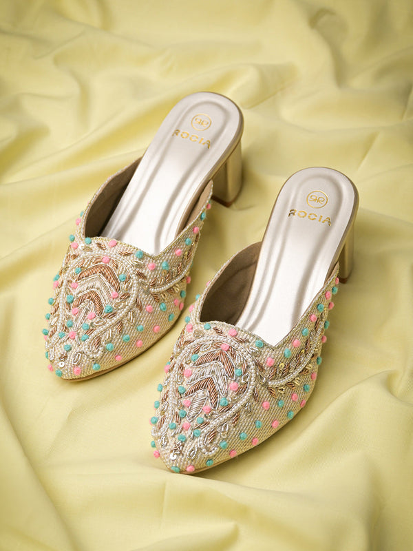 Rocia By Regal Gold Women Hand Embroidered Block Heel Mules
