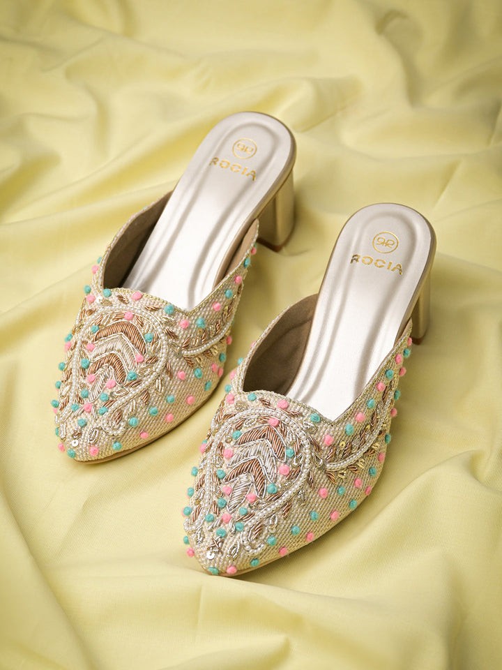 Rocia By Regal Gold Women Hand Embroidered Block Heel Mules