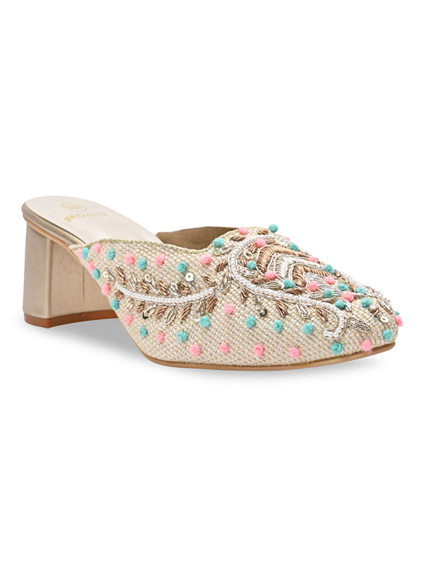 Rocia By Regal Gold Women Hand Embroidered Block Heel Mules