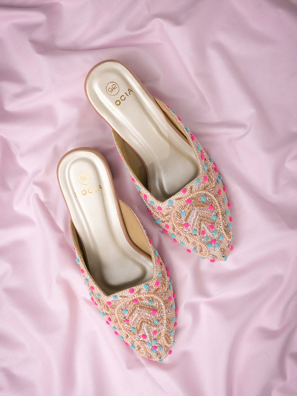 Rocia By Regal Rose Gold Women Hand Embroidered Block Heel Mules