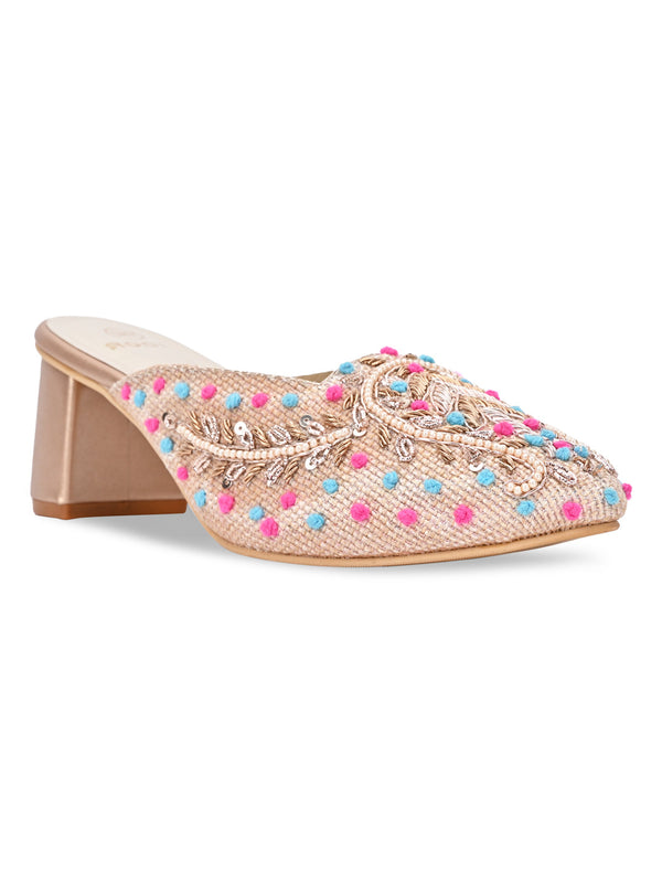 Rocia By Regal Rose Gold Women Hand Embroidered Block Heel Mules