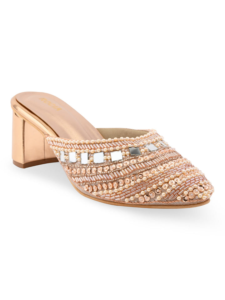 Rocia By Regal Rose Gold Women Hand Embroidered Block Heel Mules