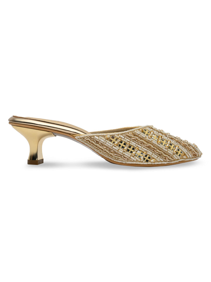 Rocia By Regal Gold Women Embroidered Kitten Heel Mules