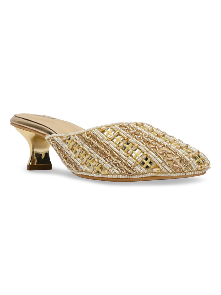 Rocia By Regal Gold Women Embroidered Kitten Heel Mules