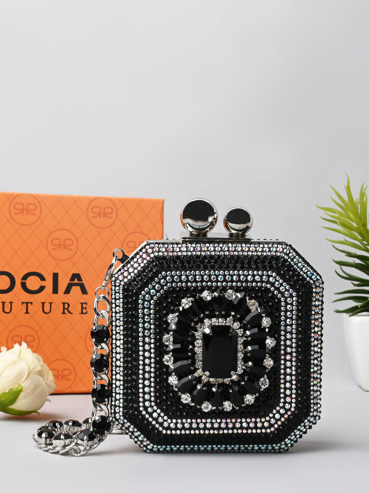 Rocia By Regal Black Women Diamond Encrusted Metal Clutch