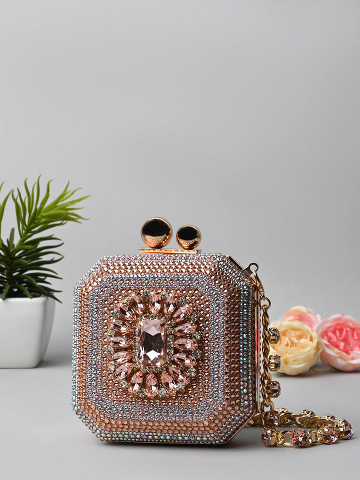 Rocia By Regal Champagne Women Diamond Encrusted Metal Clutch