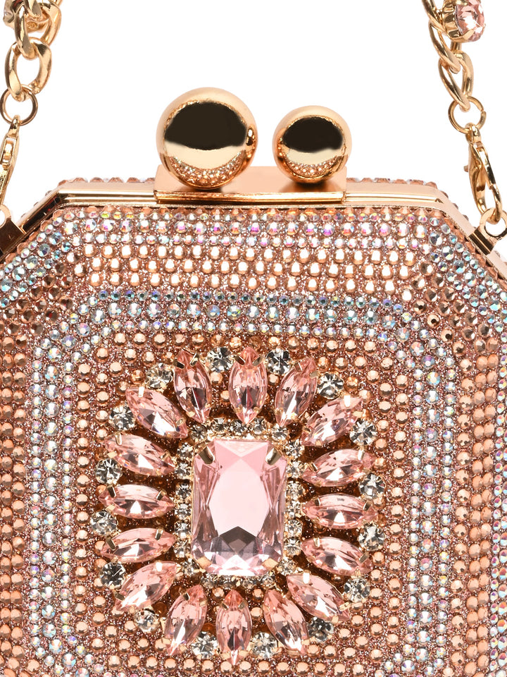 Rocia By Regal Champagne Women Diamond Encrusted Metal Clutch