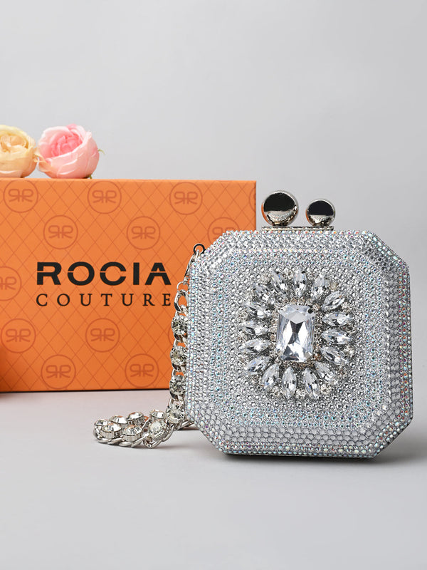Rocia By Regal Silver Women Diamond Encrusted Metal Clutch