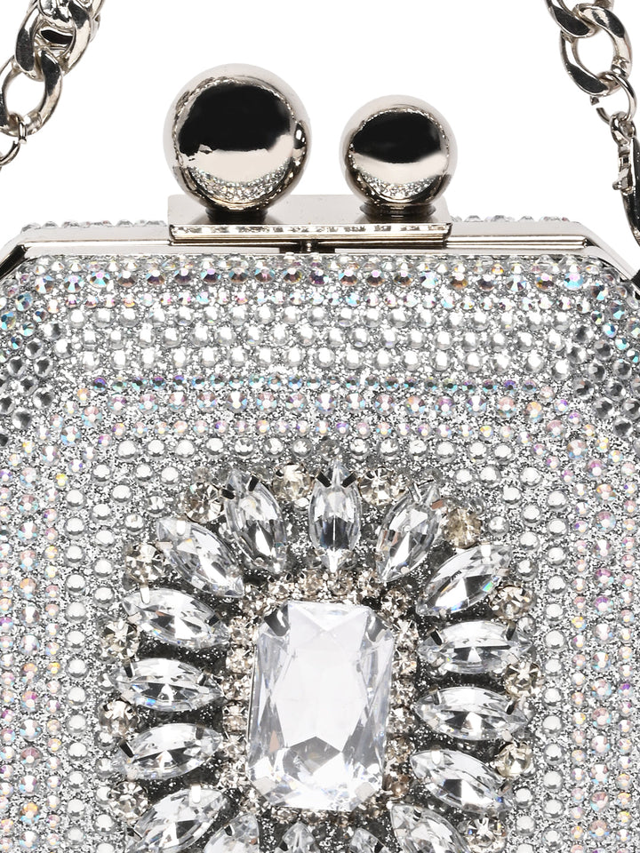 Rocia By Regal Silver Women Diamond Encrusted Metal Clutch