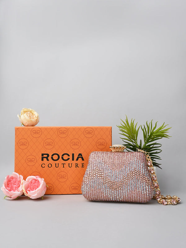 Rocia By Regal Champagne Women Patterned Diamond Studded Metal Clutch