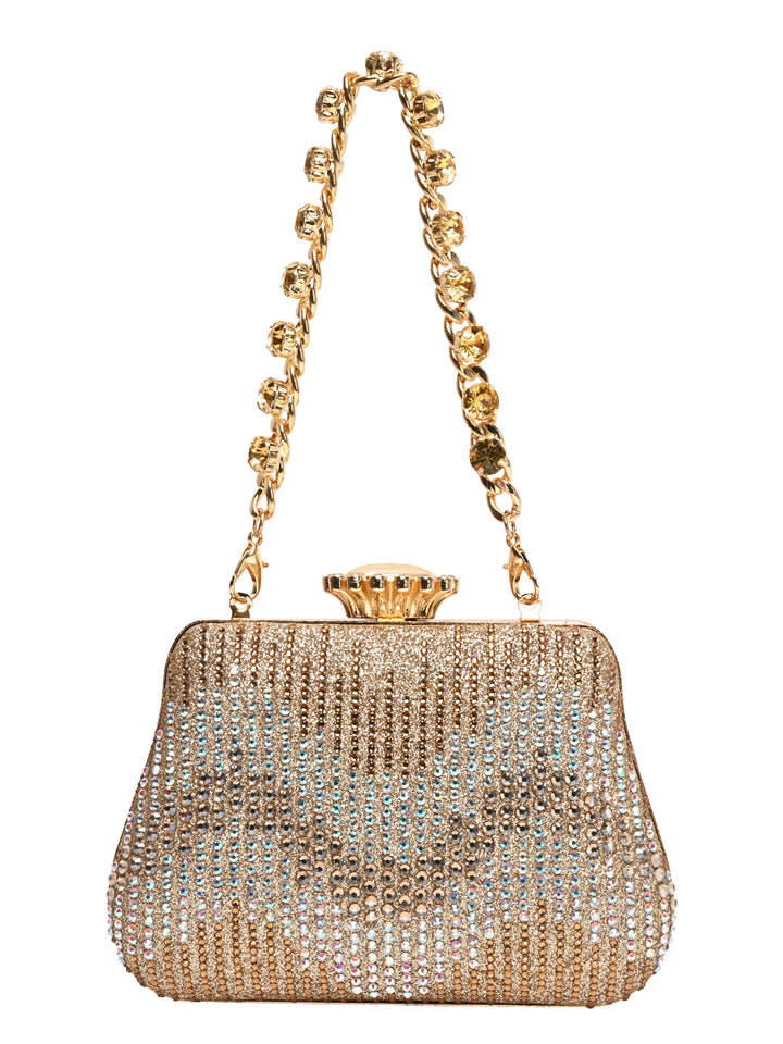Rocia By Regal Gold Women Patterned Diamond Studded Metal Clutch