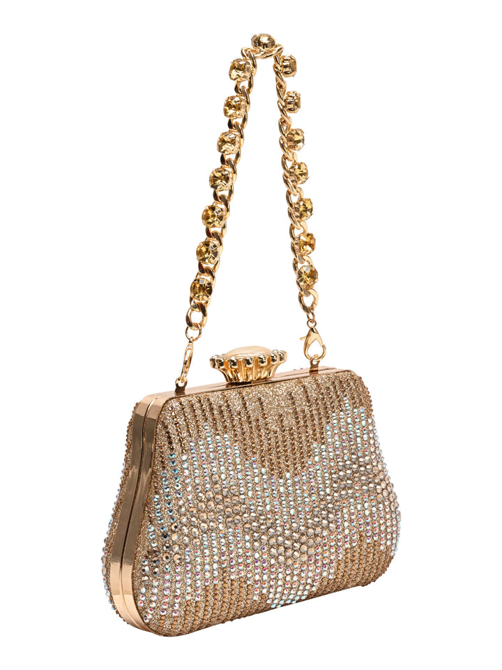 Rocia By Regal Gold Women Patterned Diamond Studded Metal Clutch