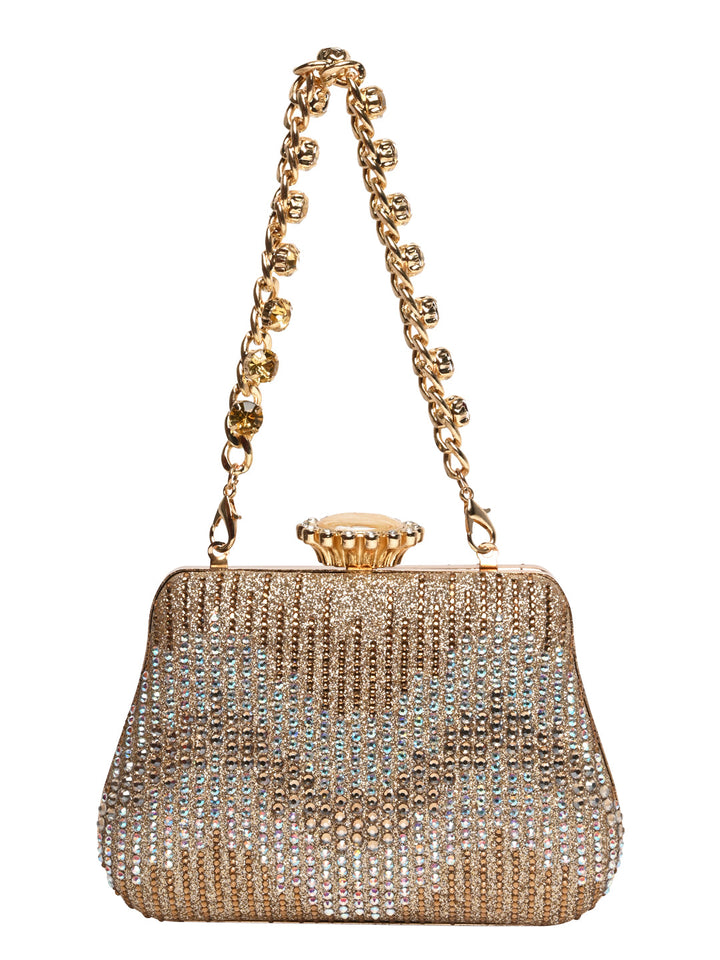 Rocia By Regal Gold Women Patterned Diamond Studded Metal Clutch
