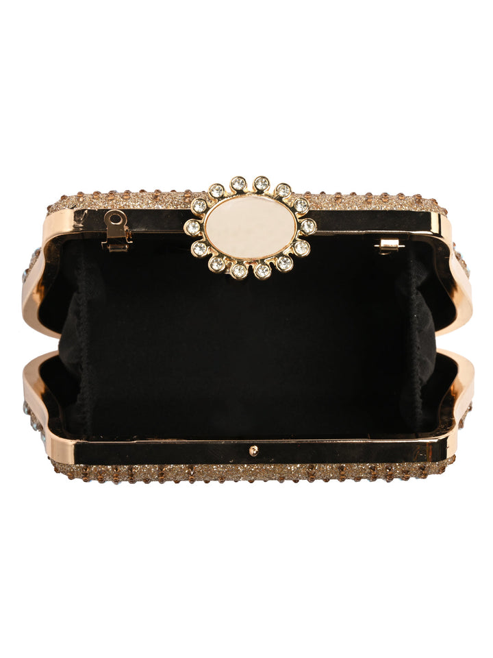 Rocia By Regal Gold Women Patterned Diamond Studded Metal Clutch