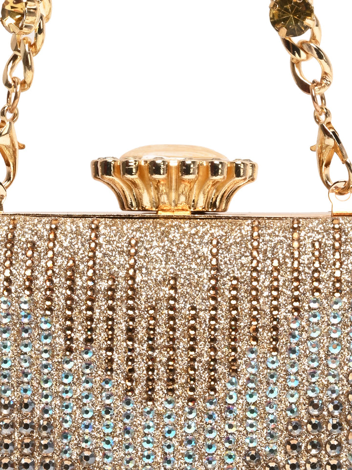 Rocia By Regal Gold Women Patterned Diamond Studded Metal Clutch